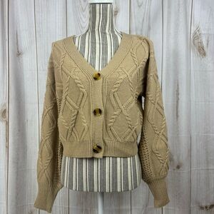 NOBO Cable Cardigan Button Up Ballon Sleeves Cropped Sweater Beige Size Large